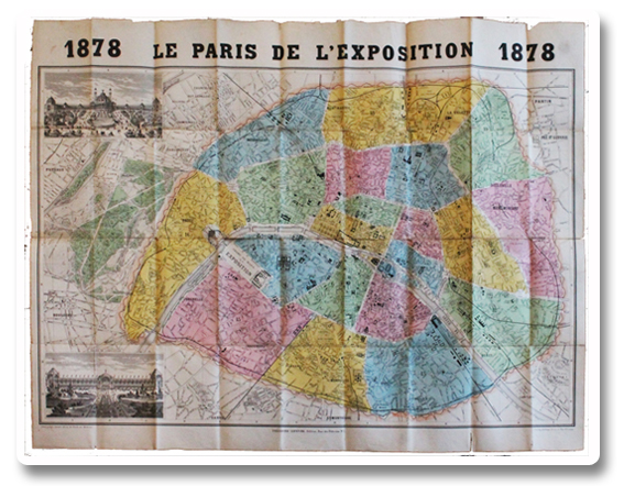paris, exposition universelle, 1878, plan, paris de l'exposition, sonnet, depliant, couleurs, original 