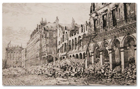 taiee, rue rivoli, ministere finances, 1871, commune, paris, incendie, ruines, gravure, eau-forte