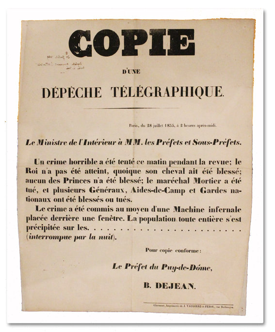 placard, document original, paris, histoire, louis philippe, attentat, 1835, giuseppe fieschi, machine infernale, crime horrible