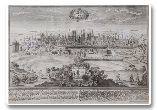 paris, plan, vue de paris, gravure, engelbrecht, paris, 1740, perspective, vol d'oiseau