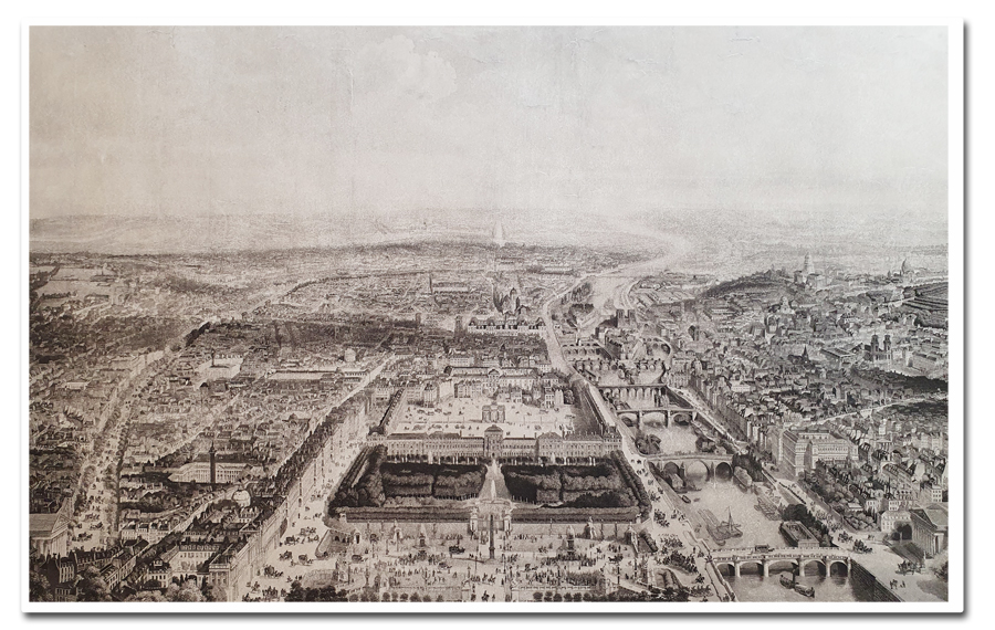 paris, plan, vol d'oiseau, bird view, testard, fatout, 1850, perspective, aspect general de paris, lithographie