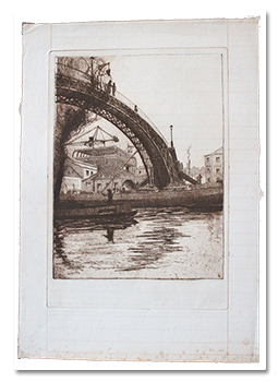 André Lambert. La Passerelle de la Moselle sur le bassin de la Villette. Gravure originale, 1913