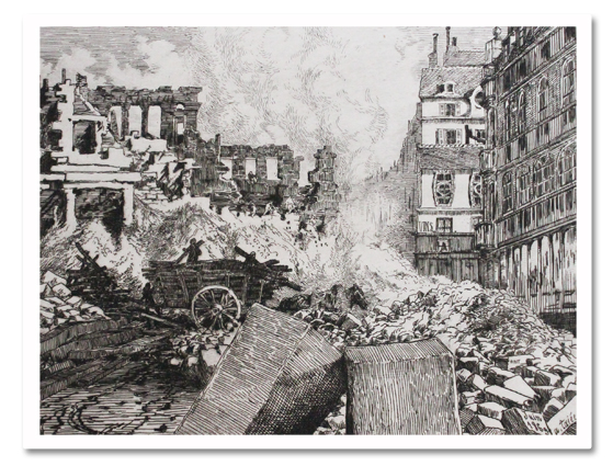 paris, gravure, histoire, taiee, paris en train, demolition, theatre du vaudeville, eau forte, bourse, haussmann