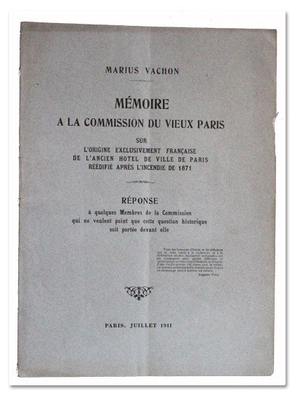 paris, histoire, marius vachon, memoire, commission du vieux paris, hotel de ville, origine, polemique, 1911, livre ancien