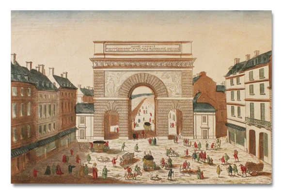 gravure, vue d'optique, paris, porte saint-martin, boulevards, jacques chereau, 1760, couleurs